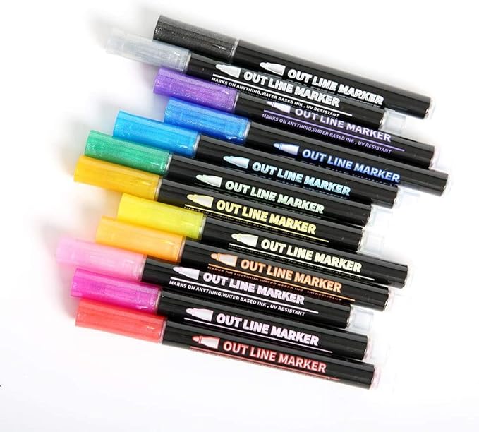 12Colors Super Squiggles Shimmer Markers, Self-outline Metallic Markers for Painting, Drawing, Gift Cards