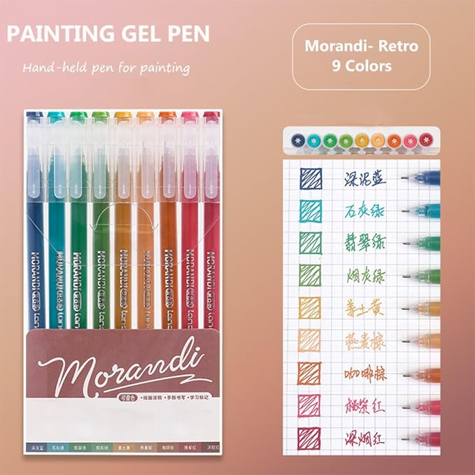 Gel Pens with Fine Point 0.6mm, 9 Colors Drawing Pencils for Adult Coloring Books Smooth Writing Pen Set for Journaling(Morandi Retro)