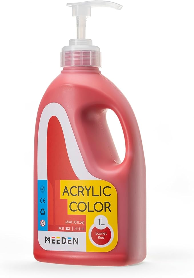 MEEDEN Scarlet Red Acrylic Paint: 1 L /33.8 oz Satin Liquid Paint with Pump Lid - Soft Body Art Paints for Canvas, Studio, School, Wall & Poured Paintings
