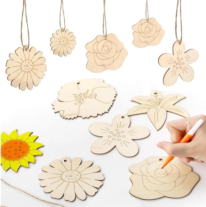 60 Pcs Wooden Ornaments, BetterJonny 3.15 * 2.56in Unfinished Natural Wood Slices with Holes Blank Wood Discs with 60pcs Jute Rope for DIY Christmas Decoration