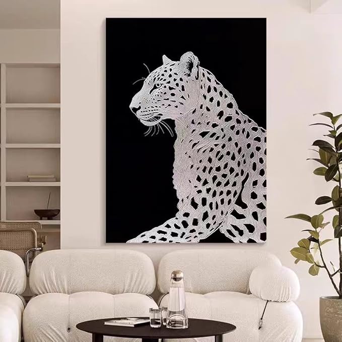 Modern Black and White Leopard Wall Art Canvas, Large Contemporary Wildlife Home Decor, 24x36 inches