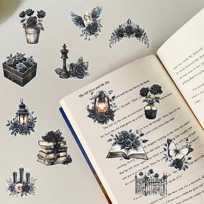 50-Piece Gothic Black Rose Stickers - Vintage Transparent Waterproof Scrapbook Stickers for Journaling, Gothic Decor, Planners - Dark Aesthetic with Floral, Book, Candle, Angel