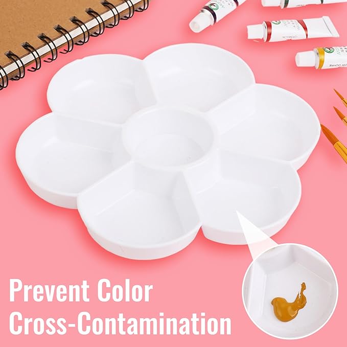 15 Pack Round Paint Palettes, Paint Tray Palettes with 7 Wells, White Plastic Paint Mixing Tray Watercolor Painting Dish for Oil DIY Art Gouache, Easy to Clean