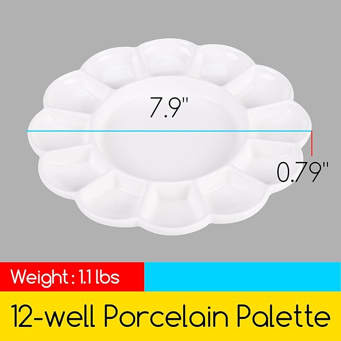 MEEDEN 12-Well Ceramic Paint Palette, Porcelain Tray, Artist Watercolor Mixing Palette, Round, 7.9'x 7.9'x 0.79'