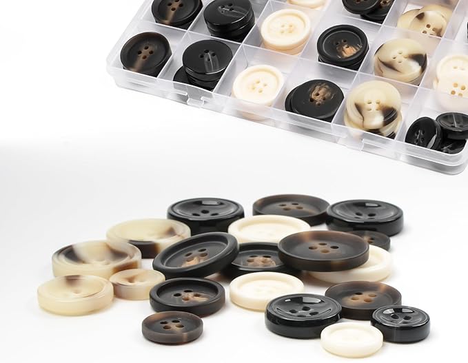 110Pcs Mixed Sewing Buttons, 4-Hole Craft Round Blazer Buttons, 5 Color 3 Size (15mm, 20mm, 25mm) Suit Coats Resin Button, Suitable for Variety Clothing Sewing, DIY Craft (Black & White)