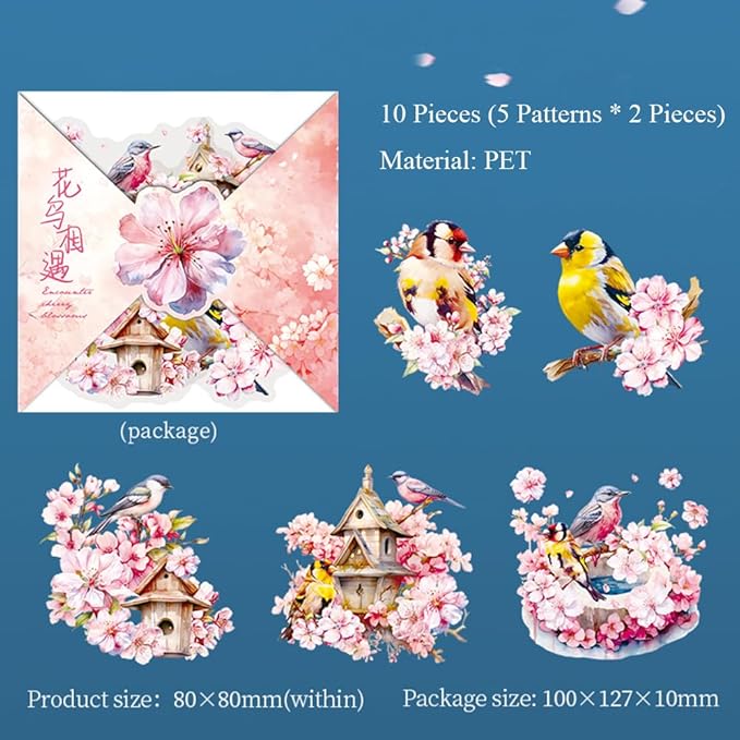 MAFELOE Scrapbook Stickers of 10 Pieces, PET Aesthetic Deco Stickers Journaling Supplies for Junk Bullet Bottles Laptop- Cherry Blooms Series-E