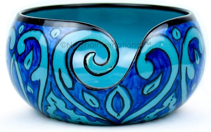 Nagina International Ceramic Attractively Hand Painted Gorgeous Stoneware Yarn Ball Storage Bowl With Innovative Dispensing Curl | Knitting & Crochet Accessions (Small, Deep Water Blue)