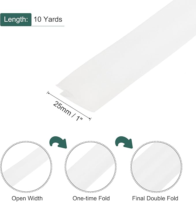 MECCANIXITY 1 Inch Double Fold Bias Tape Polyester Continuous Bulk Bias Tape for Sewing,Seaming Quilting Hemming Binding Crafts (White 10 Yards)
