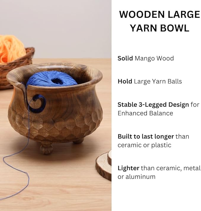 Wooden Large Yarn Bowl (7x4) – Handmade Pot-Shaped Yarn Holder for Crocheting & Knitting – Crochet Bowl for Yarn Ball Storage – Christmas Gift for Knitters & Crafters