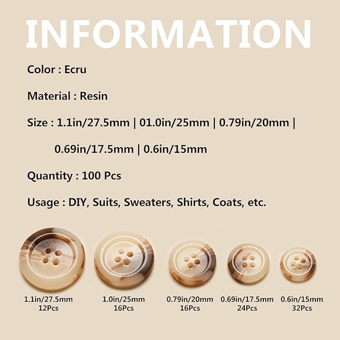 Sewing Buttons - Craft Buttons, 5 Sizes of 100 Pcs Versatile Buttons for Sewing, DIY Projects and Holiday Decoration (Ecru)