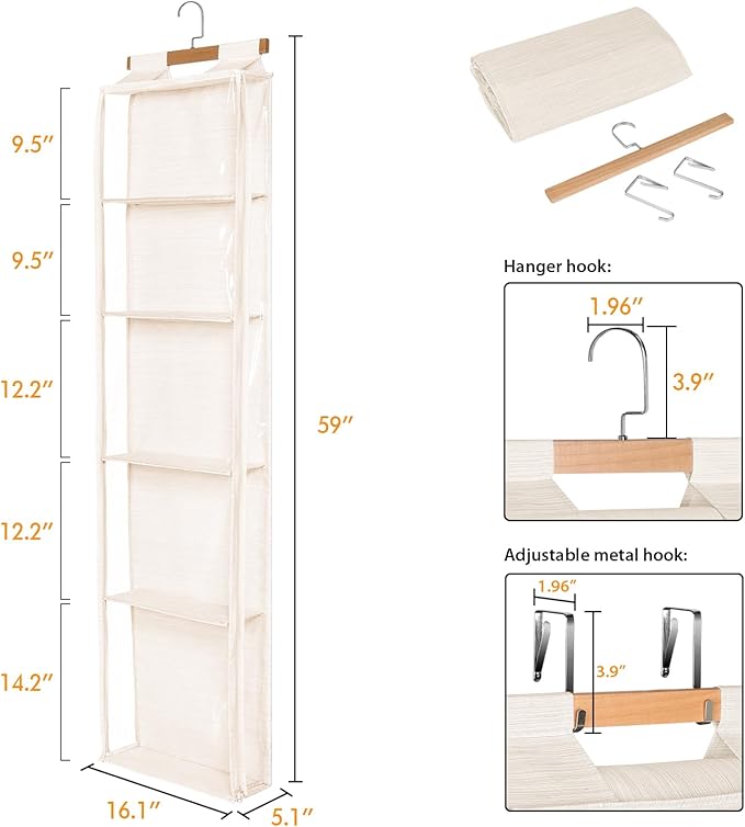 Hanging Yarn Storage with 5 Large Pockets, Clear Knitting Organizer Storage with Zippers for Crochet Lovers, Hanging Yarn Holder with Over-Door Hooks for Knitting Needles Crochet Hooks,Beige