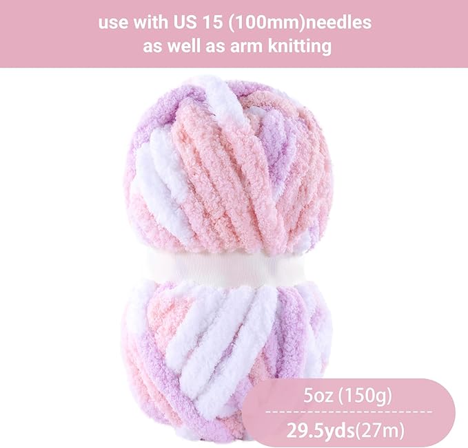HOMBYS Pink,Purple,White Chunky Chenille Yarn for Hand Knitting,Fluffy Soft Jumbo Yarn Crocheting,Super Bulky Big Yarn for Chunky Blanket,Large Thick Arm Knitting Yarn,8 Pack Plush Yarn