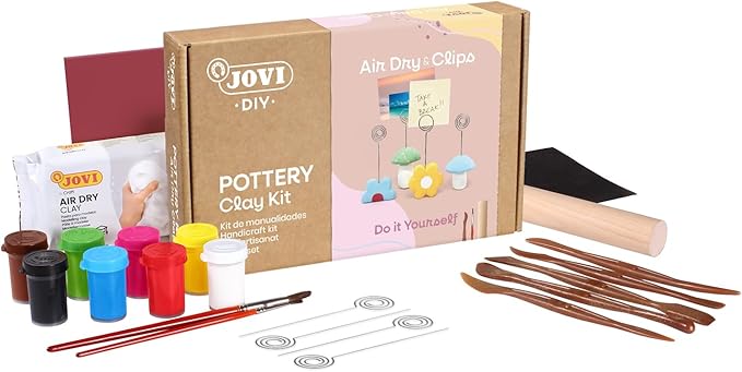 Jovi - DIY Air Dry Kit & Clips - Pottery Kit for Adults, Making Photo Holder with White Air Dry Clay + Paints, Sculpting Tools, Step-by-Step Guide and Video Tutorial, Starter Set for Beginners