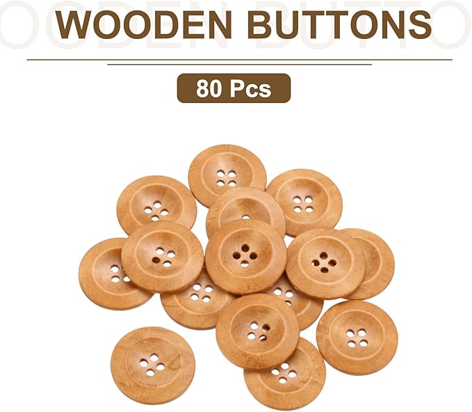 uxcell 80Pcs Wooden Buttons, 38mm(1 1/2") 4 Hole Round Wood Sewing Button Craft for Sewing DIY Craft Clothing, Light Brown