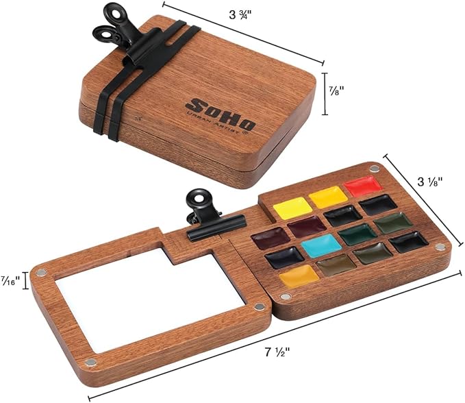 Soho Urban Artist Mini Wooden Travel Watercolor Set of 15 - Professional Watercolor Paint Set for Watercolorists & Plein Air Artists, Semi-Moist Pans, Pocket-Sized Magnetic Wood Case with Mixing Area