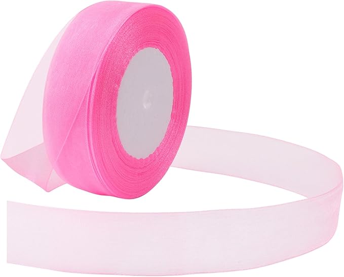 Pink Ribbon for Gift Wrapping 1 inch Sheer Organza Ribbon for Flower Bouquet Tulle Thin Chiffon Ribbons for Wedding Invitations Presents Decorations Crafts 50 Yards