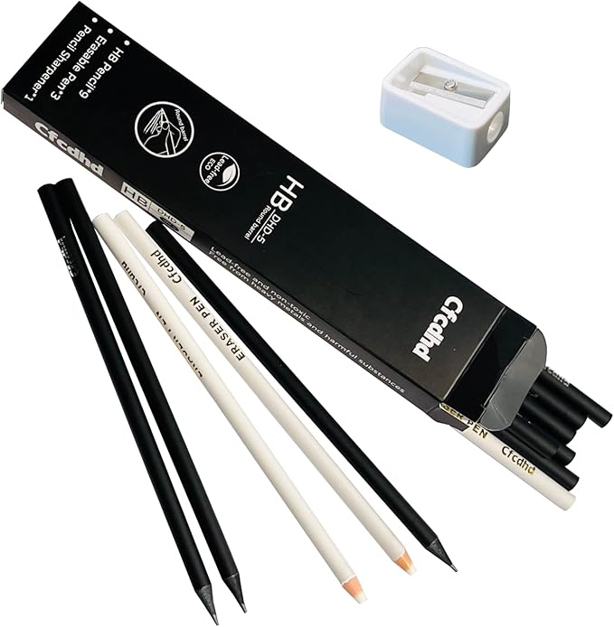 HB Cool Black Pencil Set 9 Pre-Sharpened Pencils,3 Pen-Shaped Erasers & 1 Sharpener, Drawing pencil School Pencil Artist Pencils Sketching Pencil sharpener