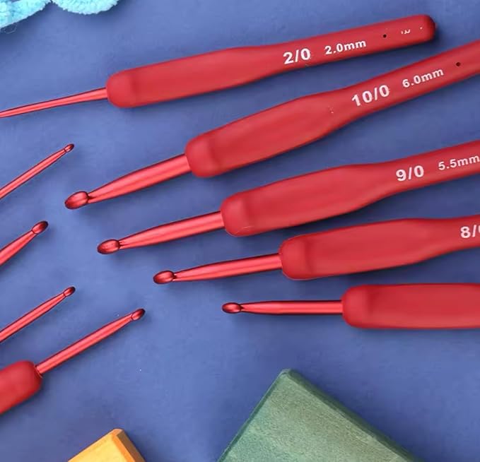 Crafts by KFRod - Ergonomic Crochet Hooks Set, Crochet Kit for Beginners, Ergonomic Anti Slippery Rubber Handle Knitting Needles (Set of 9 - Red)