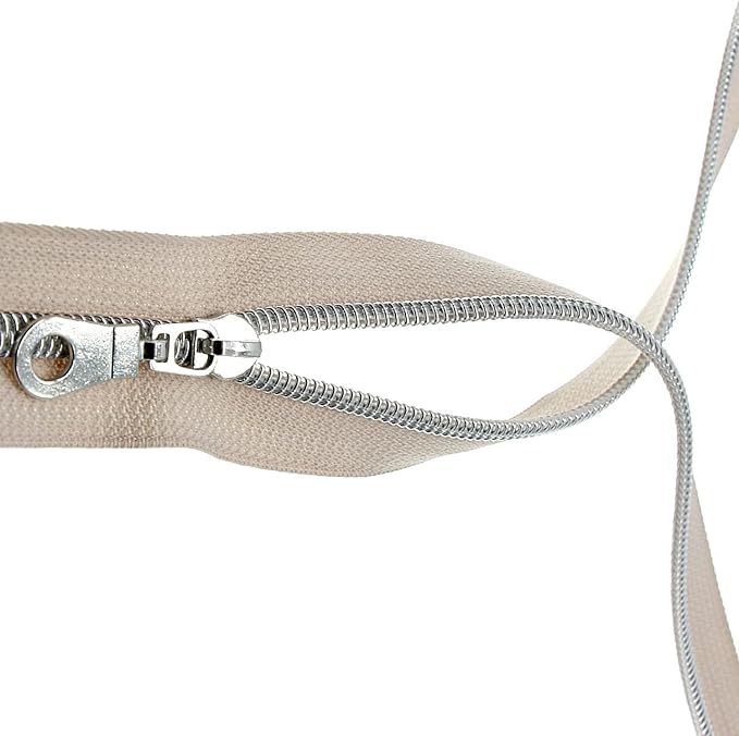 #5 Silver Metallic Nylon Coil Zipper by The Yard, Bulk 10 Yards Beige Zipper Tape Silver Teeth with 25PCS Silver Zippers Pulls for Sewing, Bags, Purses YIGUANXIN