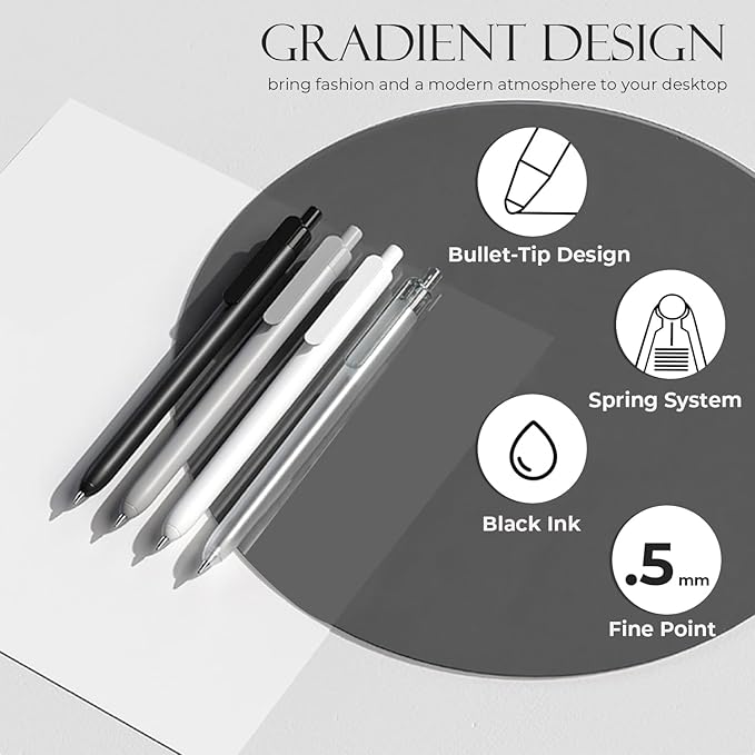 Y YOMA 4 Pcs Fine Point 0.5mm Gel Pen Black Ink Retractable Ballpoint Pen Smooth Writing Quick Dry Gel Pens Cute Aesthetic Pen Pastel Refillable Pen for School Home Office Supplies, Ash Grey