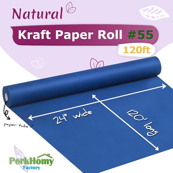 PerkHomy 24" x 1,440" (120') Blue Kraft Paper Roll for Craft Bulletin Board Paper Art Table Covering Crafting Gift Wrapping Bouquet Packing Parcel 80GSM 55LB (Blue, 24" x 120')