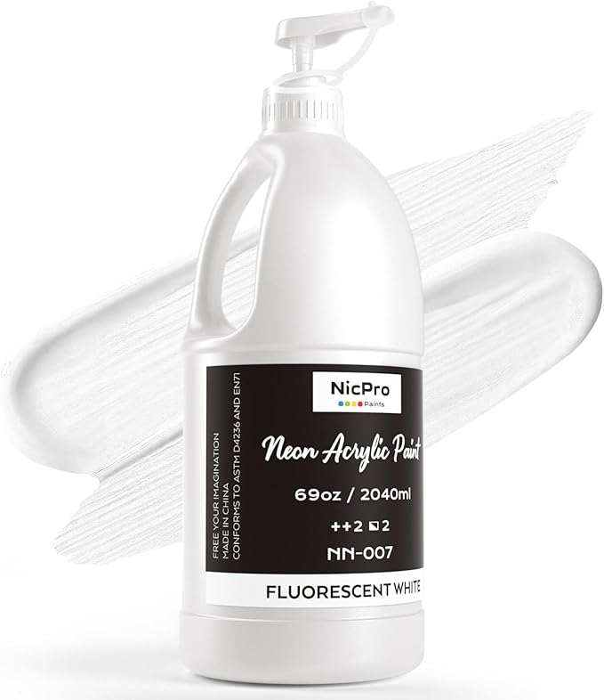 Nicpro Fluorescent White Large Acrylic Paint Set (69 oz, 2040 ml), Glow in the Black Light, Non-Toxic Neon Paint for Neon Party Decoration, DIY Project on Multi-Surface, Canvas, Rock, Wood, Craft