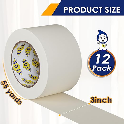 12 Pack Masking Tape 3 Inch Wide Bulk, Beige, General Purpose White Painters Tapes for Drafting, Packing, Labeling, 3 Inch × 55 Yards Total 660 Yards