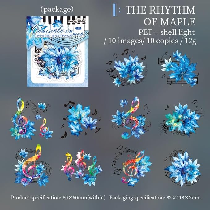 MAFELOE Scrapbook Stickers of 10 Pieces, PET Aesthetic Deco Stickers Journaling Supplies for Junk Bullet Bottles Laptop- Maple Leaf&Music Series-A