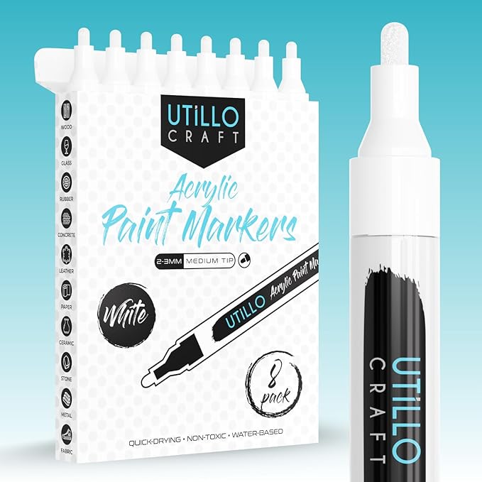 Utillo Craft White Paint Pen (8-Pack) for Rock Painting, Wood, Glass, Tire, Canvas, Metal, Fabric | Medium 2-3mm Tip Made in Japan | Bold Color Acrylic White Paint Markers | Perfect Art DIY Gift