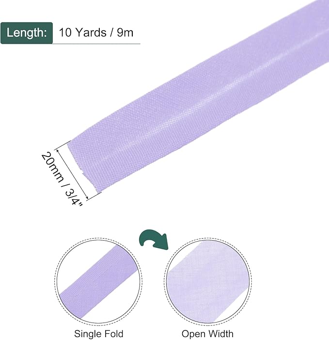 MECCANIXITY 3/4 Inch Single Fold Bias Tape Polyester Continuous Bulk Bias Tape for Sewing, Seaming Quilting Hemming Binding Crafts (Light Purple 10 Yards)