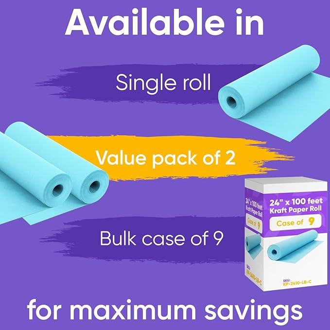 24" x 1200" (100 ft) Light Blue Kraft Paper Roll (Value Pack of 2), 45 lbs Thickness, Made in USA Colored Kraft Paper for School, Bulletin Board - Odorless, Non-Toxic, Safe for Kids