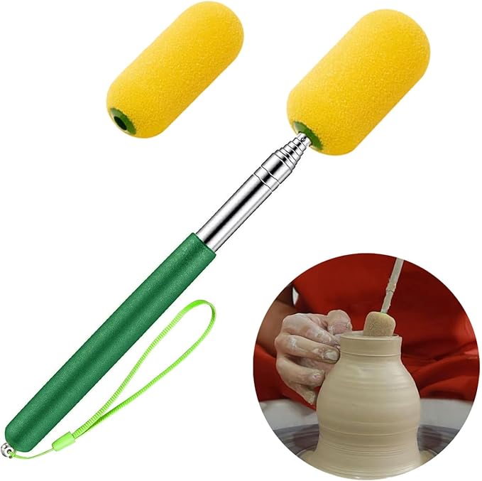 1 Pcs Telescoping Sponge Stick for Pottery – Remove Excess Water & Shape Pottery Pieces in Tall/Narrow Forms, with 2 Detachable Sponge Heads, Pottery Tool, 38" Long (1 Stick)
