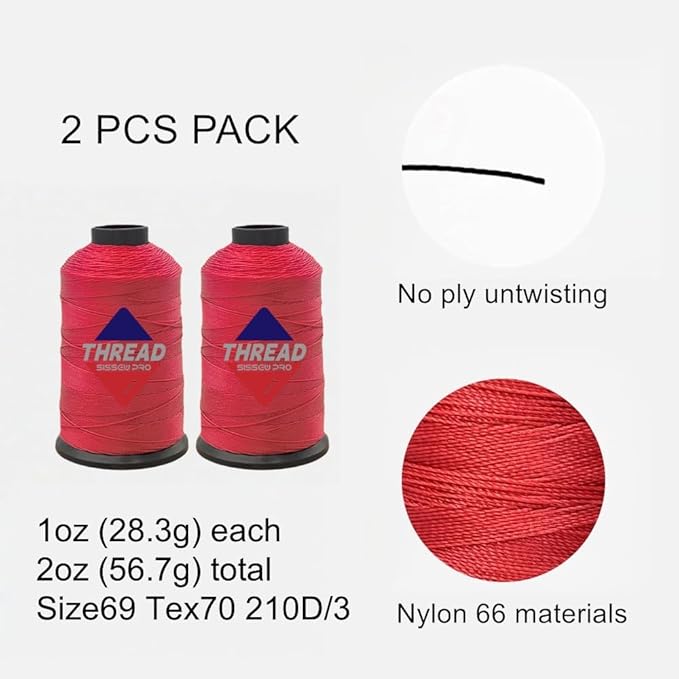Sissewpro 1oz 375 yds Each 2 Pack Tex70 Bonded Nylon Thread 69 Upholstery Thread Heavy Duty Threads for Leather Sewing Machine, Beading, Hair Weaving, Denim, Canvas,Webbings 2oz Total（2, Red）