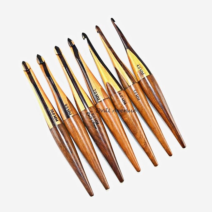 DnU Avenue Crochet Hooks for Arthritic Hands, Multi Color Wooden Ergonomic Crochet Hooks Set of 7 Size 4MM to 10MM | Sustainable Rosewood, Neemwood, Sheesham Wood | for Crochet Lovers