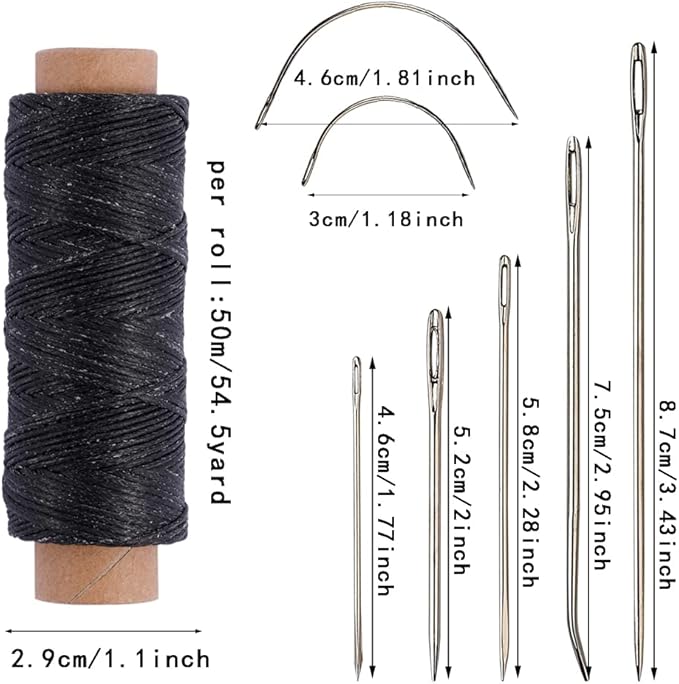 55Yards Waxed Thread with 7 Pcs Leather Needles for Hand Sewing 150D Flat Sewing Waxed Thread Leather Repair Needles for Women Sewing Upholstery Leather Canvas Bags Sofa Furniture