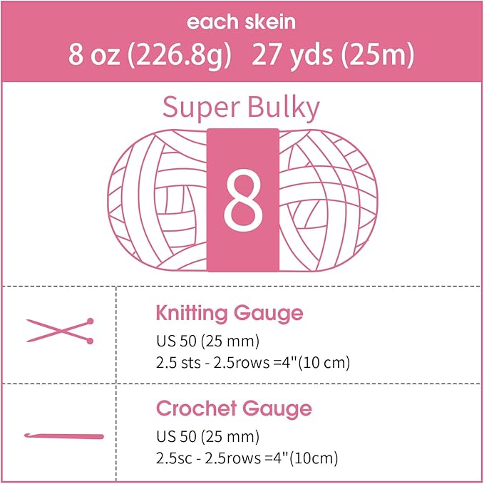 HOMBYS 8 Pack Assorted Chunky Yarn for Crocheting,Super Bulky Large Soft Fluffy Yarn,Plush Fuzzy Yarn,Thick Chenille Yarn for Hand Knitting/Arm Knitting,4 Pink,4 Rose Red(27yds,8 oz Each Skein)