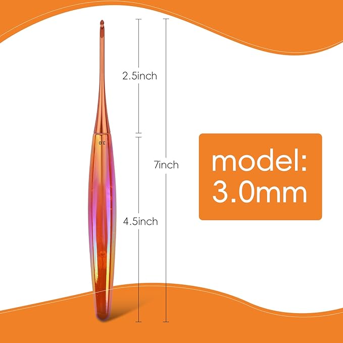 BsHooker 3mm Crochet Hook,Inline Crochet Hook with Ergonomic Acrylic Handle for Arthritic Hands,Extra Long Knitting Needles for Crocheting Yarn,Stainless Steal Polished Hook Head for Beginner