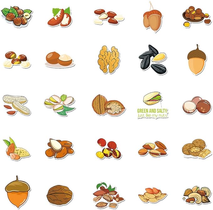 Nuts(Peanut Pecan Melon Seed) Stickers Vinyl Stickers for Kids Boys Girls|50 Pcs|Popular Stickers for Laptop Water Bottle Hydroflask Luggage Bike Computer Phone Tablet,Cartoon Waterproof Decals(Nuts)