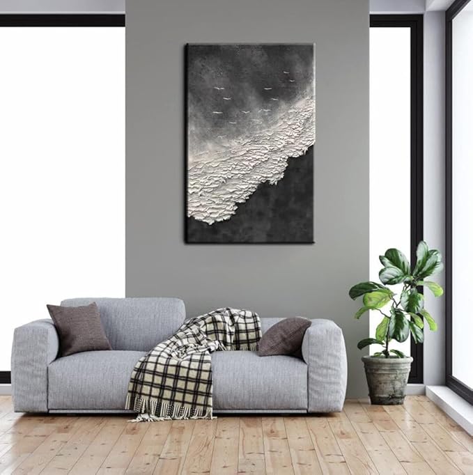 YaSheng Art - Thick Texture Abstract Oil Painting Hand-Painted sea wave Black and White Wall Art Minimalist modern Art Paintings Home Living room Room Dining Room Bedroom Wall Decorative Art Oil Painting 24x36inch