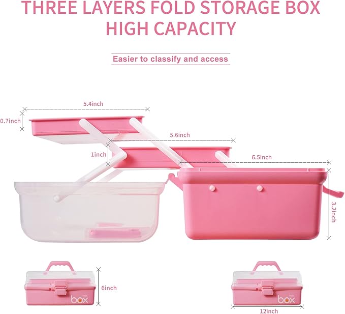12in 3-Layer Plastic Craft Organizers and Storage, Portable Folding Tackle Box with Handle & Adjustable Dividers, Multipurpose Case for Sewing, Art Supplies, Medicine, Tools (Pink)