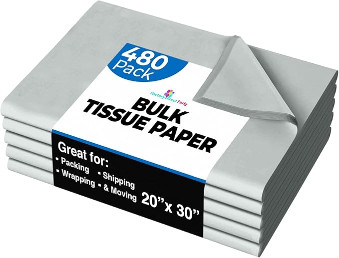 Party Solids Grey Tissue Paper for Gift Bags - 20" X 30" Bulk Tissue Paper Grey 480 Sheets - 10lb Newsprint for Packing, Birthday Gift Box Filler, Packing Supplies for Moving Supplies