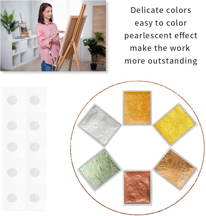 Art Supplies Handmade Watercolor Paint Set - 6 Metallic Gold Colors Half Pans Glitter Solid Water Color- Metal Case Sparkle Pearlescent Watercolour for Artists,White