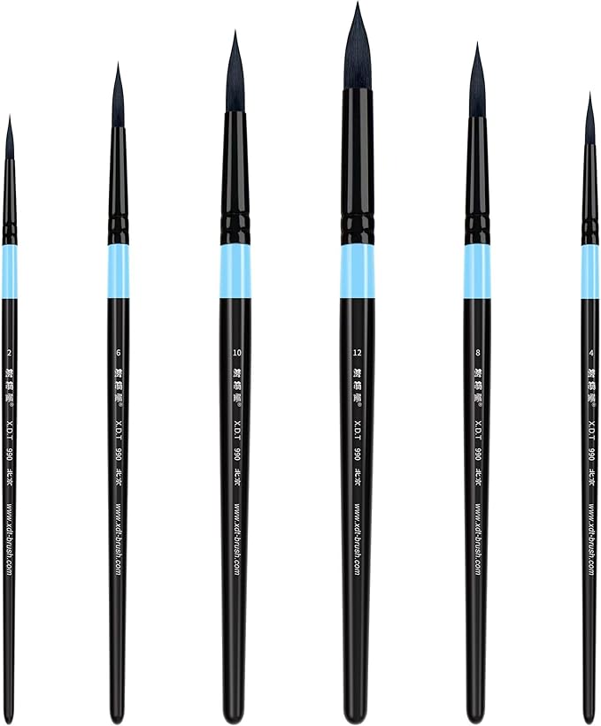 XDT#990 Round Watercolor Artist Paint Brush 6 Piece Set Soft Natural Hair for Watercolor & Acrylic & Oil