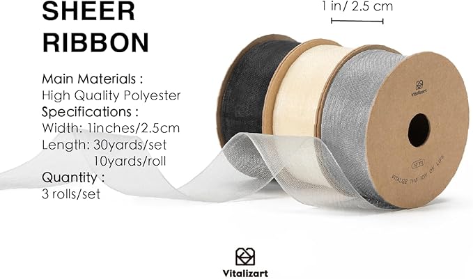 Vitalizart White Black & Silver Organza Sheer Ribbon Set 1 inch x 30 Yd in Total Handmade Fabric Ribbons for Gift Wrapping Christmas Tree Crafts Bows Wedding Invitations Wreaths Wrap
