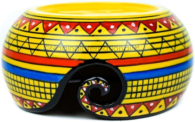 Nagina International Ceramic Attractively Hand Painted Gorgeous Stoneware Yarn Ball Storage Bowl With Innovative Dispensing Curl | Knitting & Crochet Accessions (Small, African Yellow)