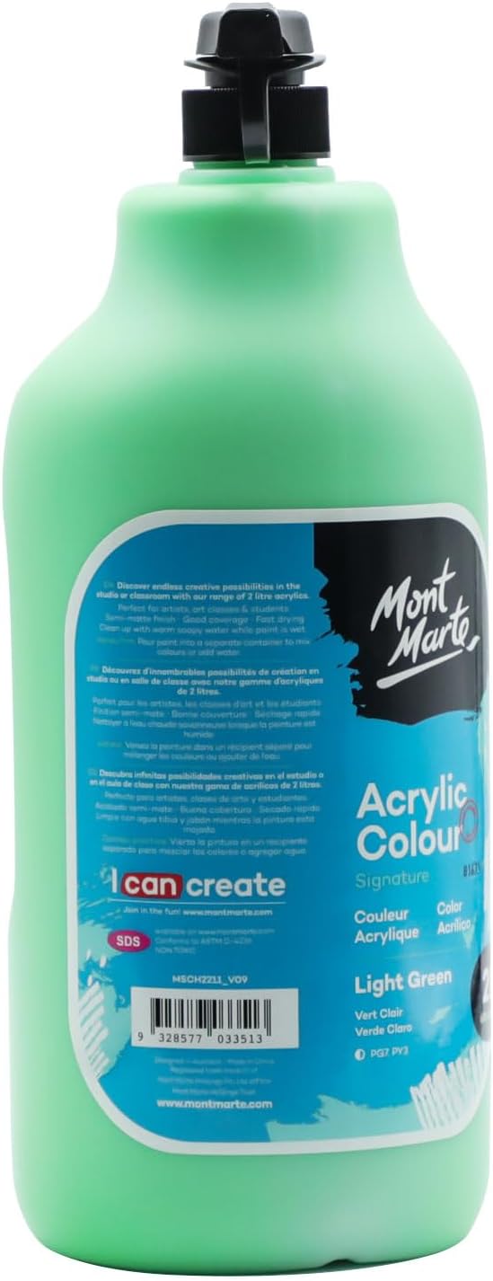 Mont Marte Discovery School Acrylic, Mid Green, 1/2 Gallon (2 Liter). Ideal for Students and Artists. Excellent Coverage and Fast Drying. Pump Lid Included.