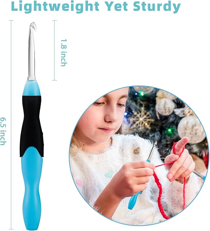 Votris Light Up Crochet Hook Set - 11 in 1 Lighted Crochet Hook Set for Beginners, Ergonomic Soft Grip, Rechargeable Light, Interchangeable Heads - Ideal Crochet Hooks Kit, Gift
