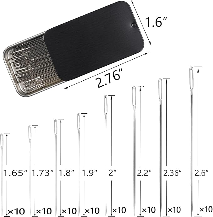 Eketirry 40/80PCS Large Eye Sewing Needles, 8 Sizes Hand Sewing Sharp Needles, Embroidery Needle, Leather Needle,Stainless Steel Yarn Needles with Threaders & Stitch Markers (Black 80pcs)