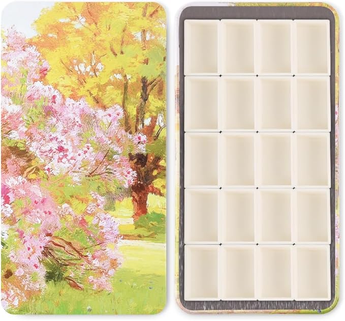 Portable Watercolor Paint Palette with Tins, Lightweight Empty Full Pans with Magnetic Squares, Metal Paint Tray Palettes for Travel, Acrylics Painting and Art, 20Full Pans,Pastoral