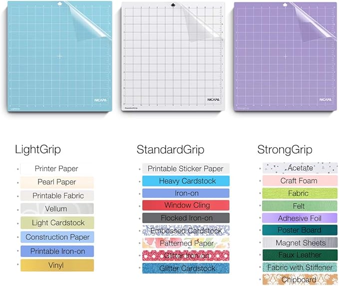 Nicapa Replacement Cutting Mat for Silhouette(12x12 inch 3pack-Standardgrip、Lightgrip、Stronggrip) Adhesive&Sticky Non-Slip Flexible Square Gridded Cut Mats Set Matts Vinyl Craft Sewing Cloth